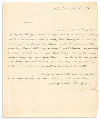 GERRY, ELBRIDGE. Autograph Letter Signed, twice, to Capt Edwd Bowen,